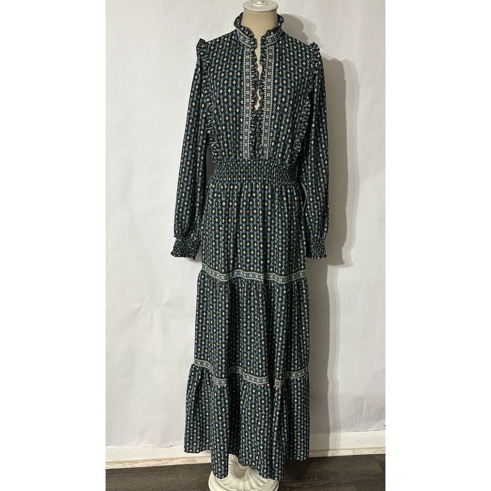 Max Studio Dress Women's XL Green Blue Tiered Smocked Long Sleeve Maxi Geometric